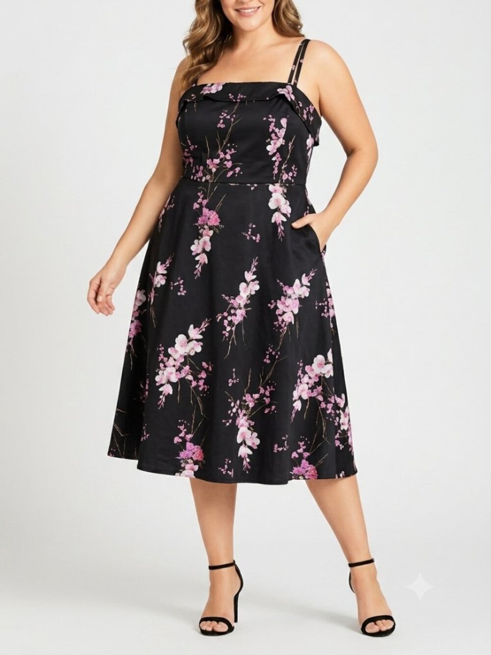 City Chic Holiday Romance Black with Pink Floral Fit & Flare Dress Size S / 16